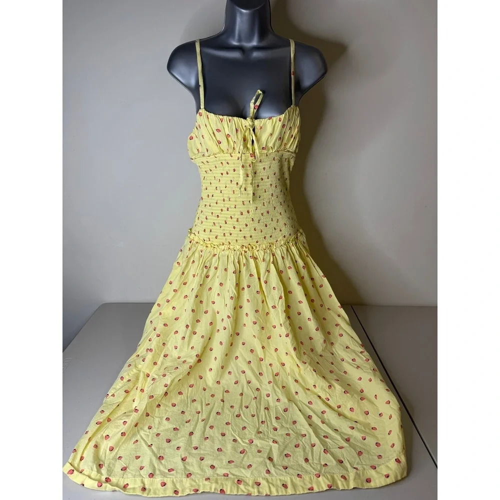 Free People Lavender Daze Smocked Midi Dress Yellow Strawberry Lemon Combo Size